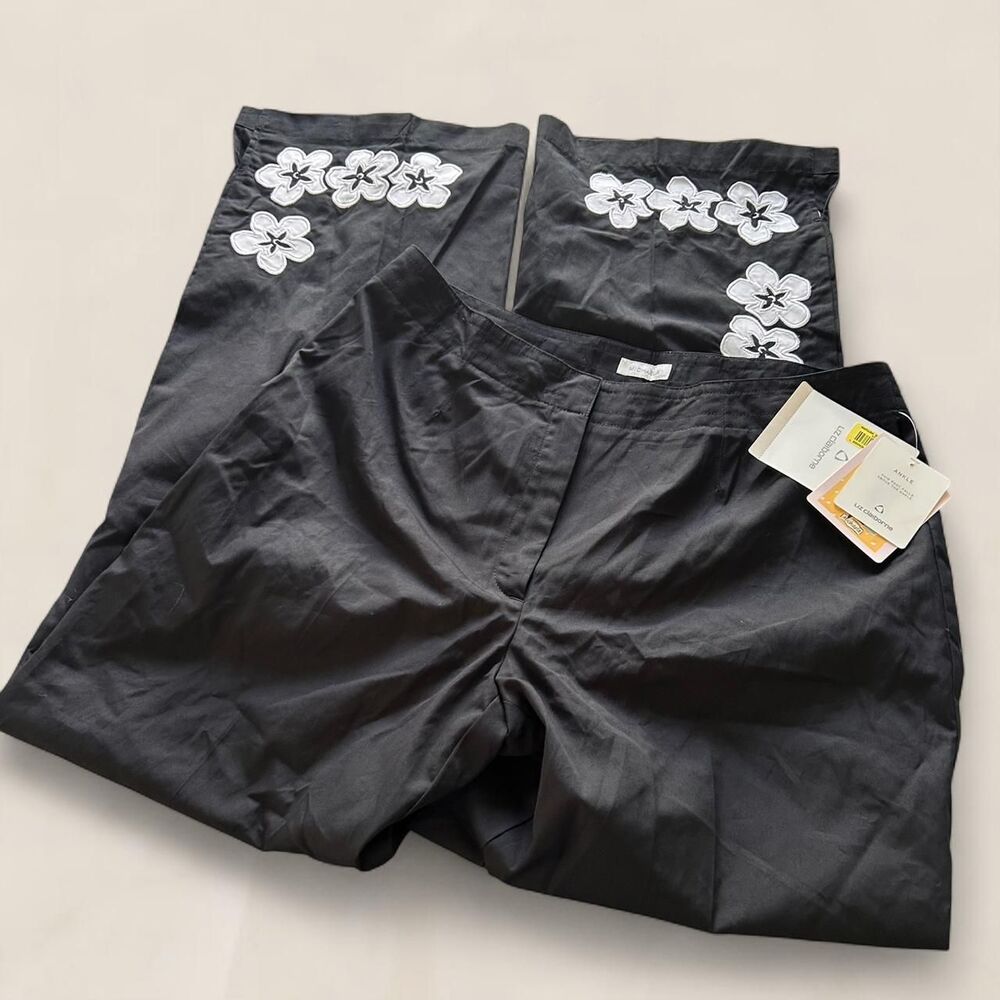Cotton black white floral capri ankle relaxed resort pants | size 8 - Picture 2 of 7